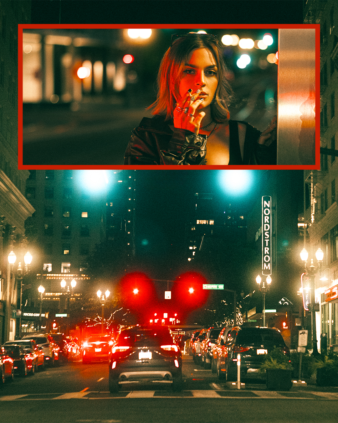 Cinematic Night Portraits in Portland: Red Light, Neon, and Double Exposures — photograph 4 of 20